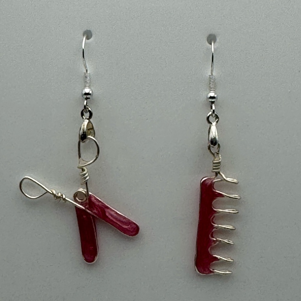 Silver and Pink Scissors and Comb Earrings